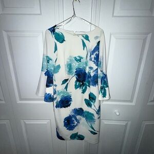Calvin Klein Blue and White Floral Long Sleeve Dress